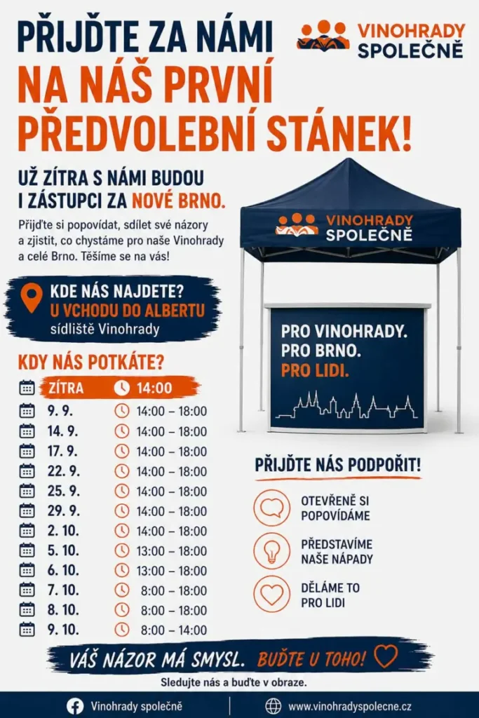 Termíny předvolebního stánku Vinohrady společně u Albertu na sídlišti Vinohrady
